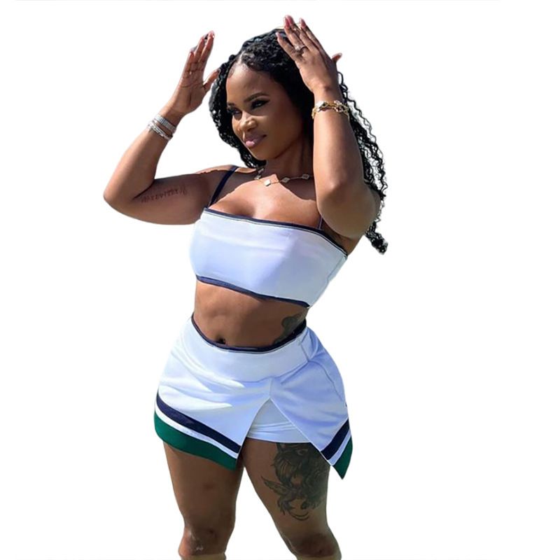 New Product Selection: 2024 Summer New Cross border European and American Style Fashion Spicy Girl Strap, strapless, high waist, slit, hip hugging short skirt set for women