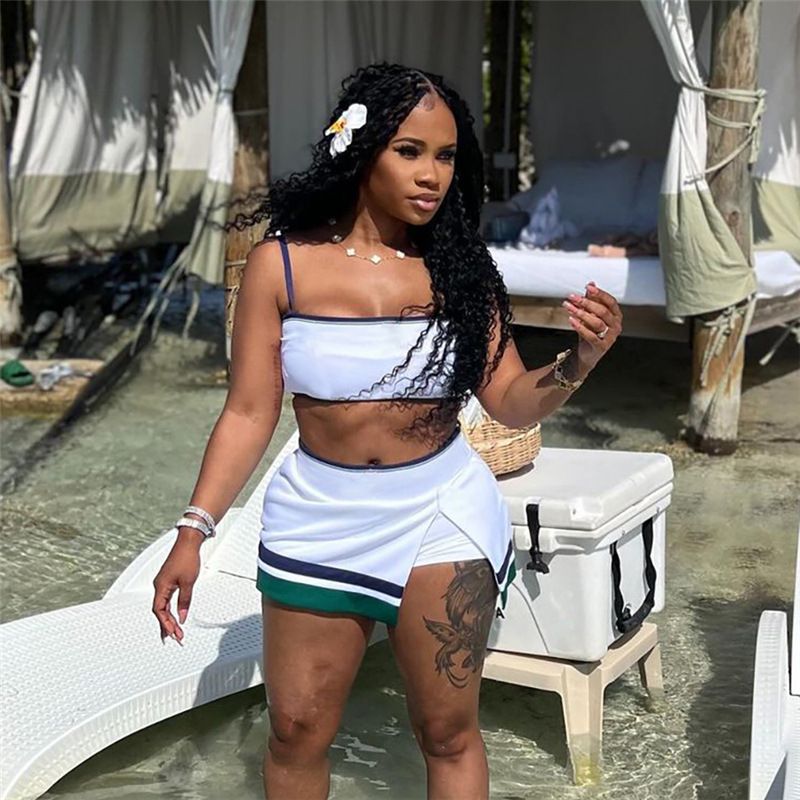 New Product Selection: 2024 Summer New Cross border European and American Style Fashion Spicy Girl Strap, strapless, high waist, slit, hip hugging short skirt set for women