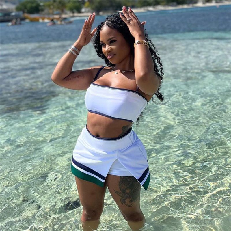 New Product Selection: 2024 Summer New Cross border European and American Style Fashion Spicy Girl Strap, strapless, high waist, slit, hip hugging short skirt set for women