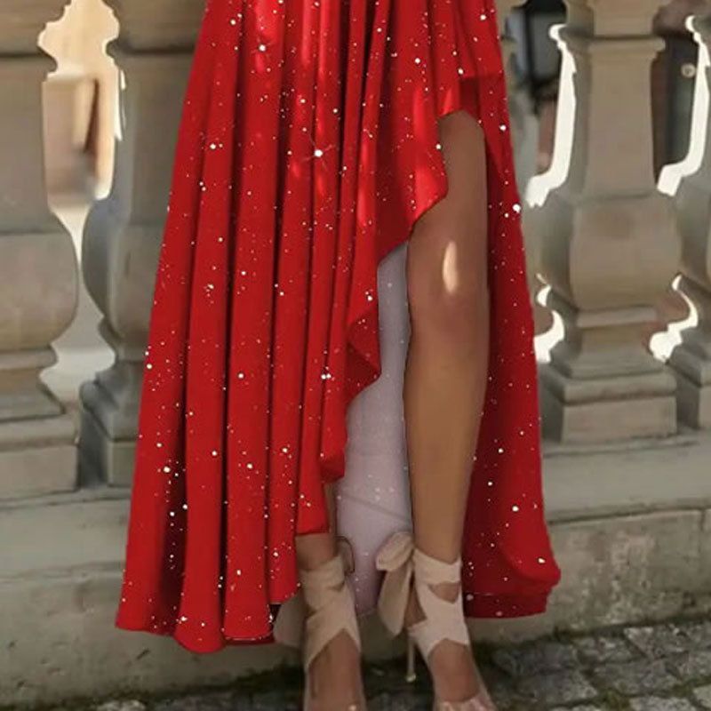 New product selection: European and American women's clothing, 2024 autumn new style, temperament, sloping shoulders, high waist, no sleeves, long style, loose irregular evening dress