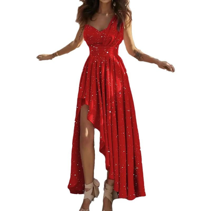 New product selection: European and American women's clothing, 2024 autumn new style, temperament, sloping shoulders, high waist, no sleeves, long style, loose irregular evening dress