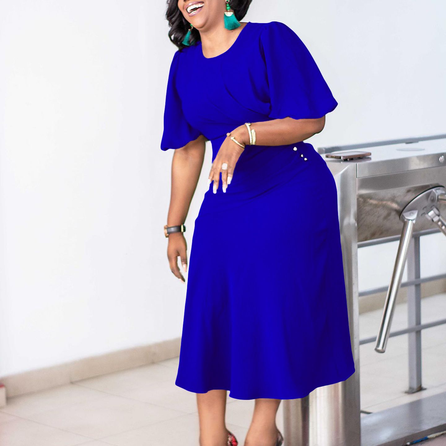 New product selection: D390 popular foreign trade women's clothing summer new style elegant temperament solid color plus size temperament commuting elegant African dress