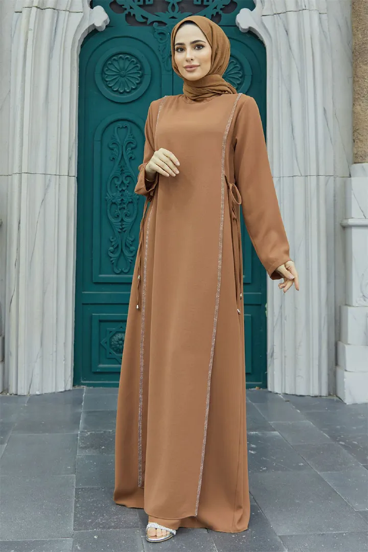 New Product Selection   Muslim Middle East Skirt Cross border Abaya Solid Color Muslim Robe Hot Diamond Splicing Waist Temperament Commuter Dress