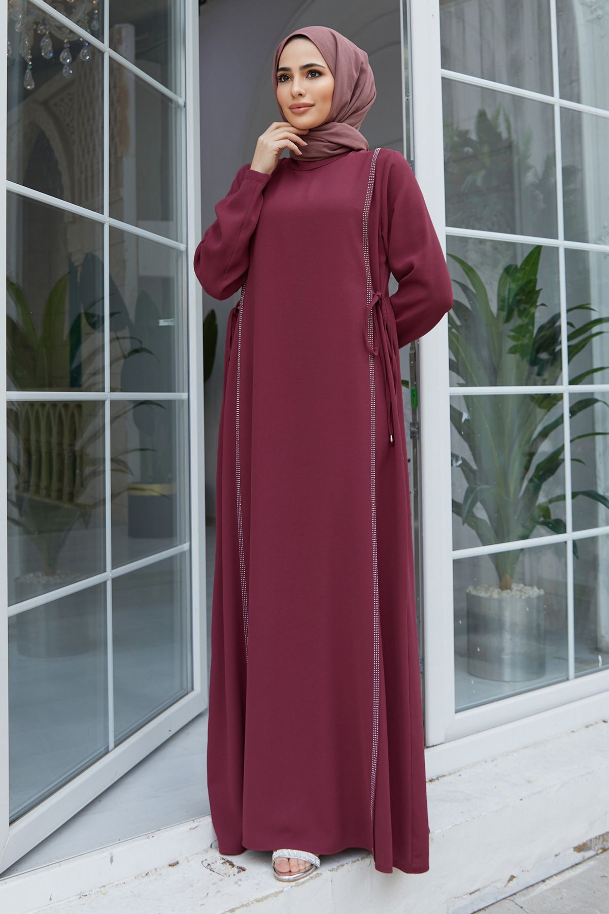New Product Selection   Muslim Middle East Skirt Cross border Abaya Solid Color Muslim Robe Hot Diamond Splicing Waist Temperament Commuter Dress
