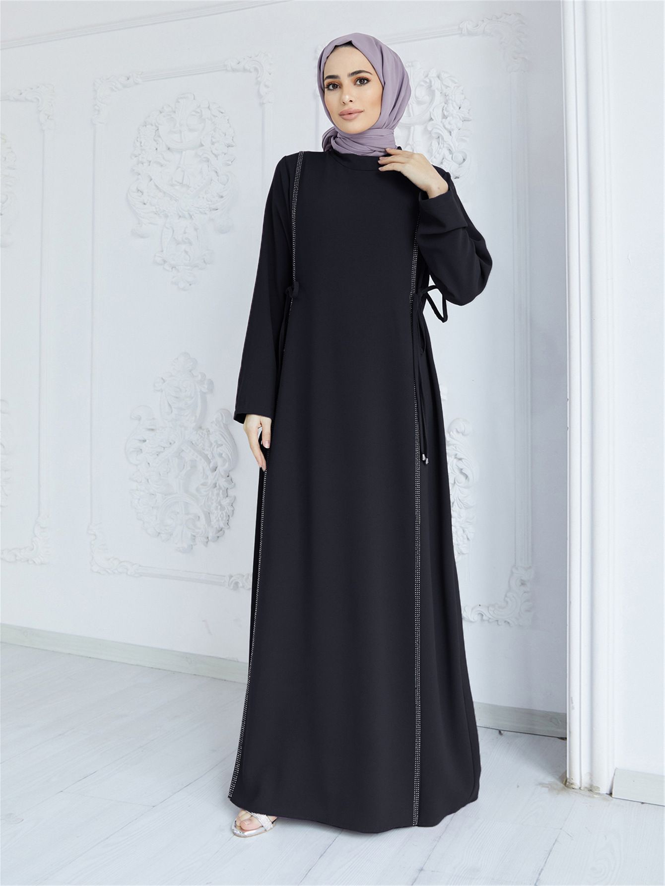 New Product Selection   Muslim Middle East Skirt Cross border Abaya Solid Color Muslim Robe Hot Diamond Splicing Waist Temperament Commuter Dress