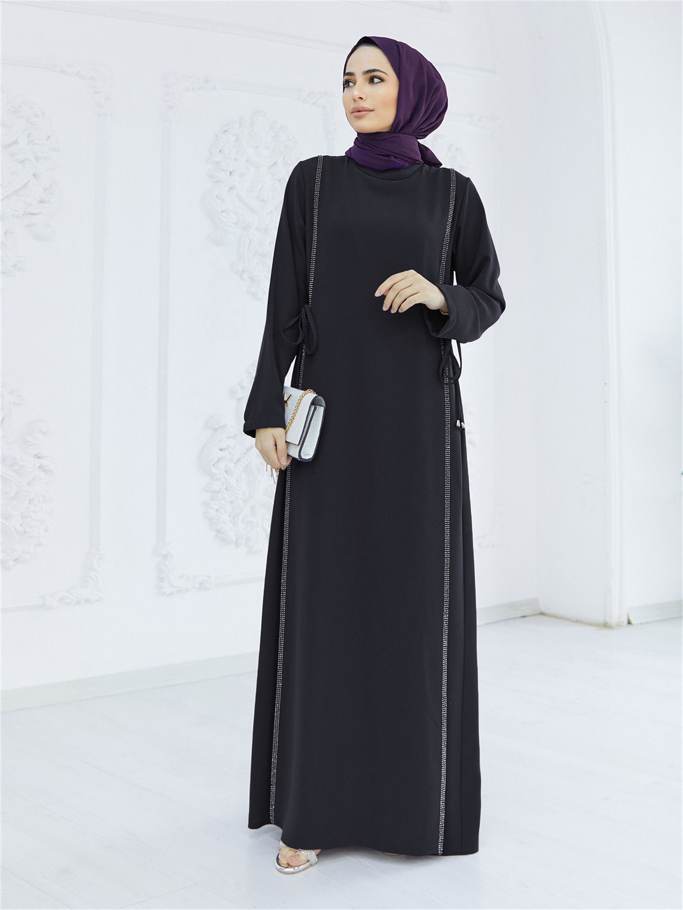 New Product Selection   Muslim Middle East Skirt Cross border Abaya Solid Color Muslim Robe Hot Diamond Splicing Waist Temperament Commuter Dress