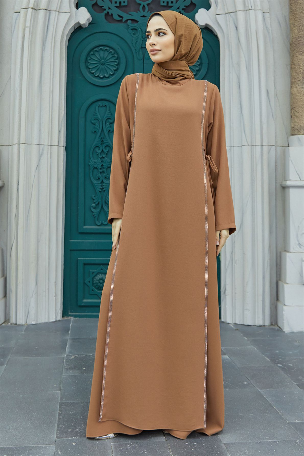 New Product Selection   Muslim Middle East Skirt Cross border Abaya Solid Color Muslim Robe Hot Diamond Splicing Waist Temperament Commuter Dress