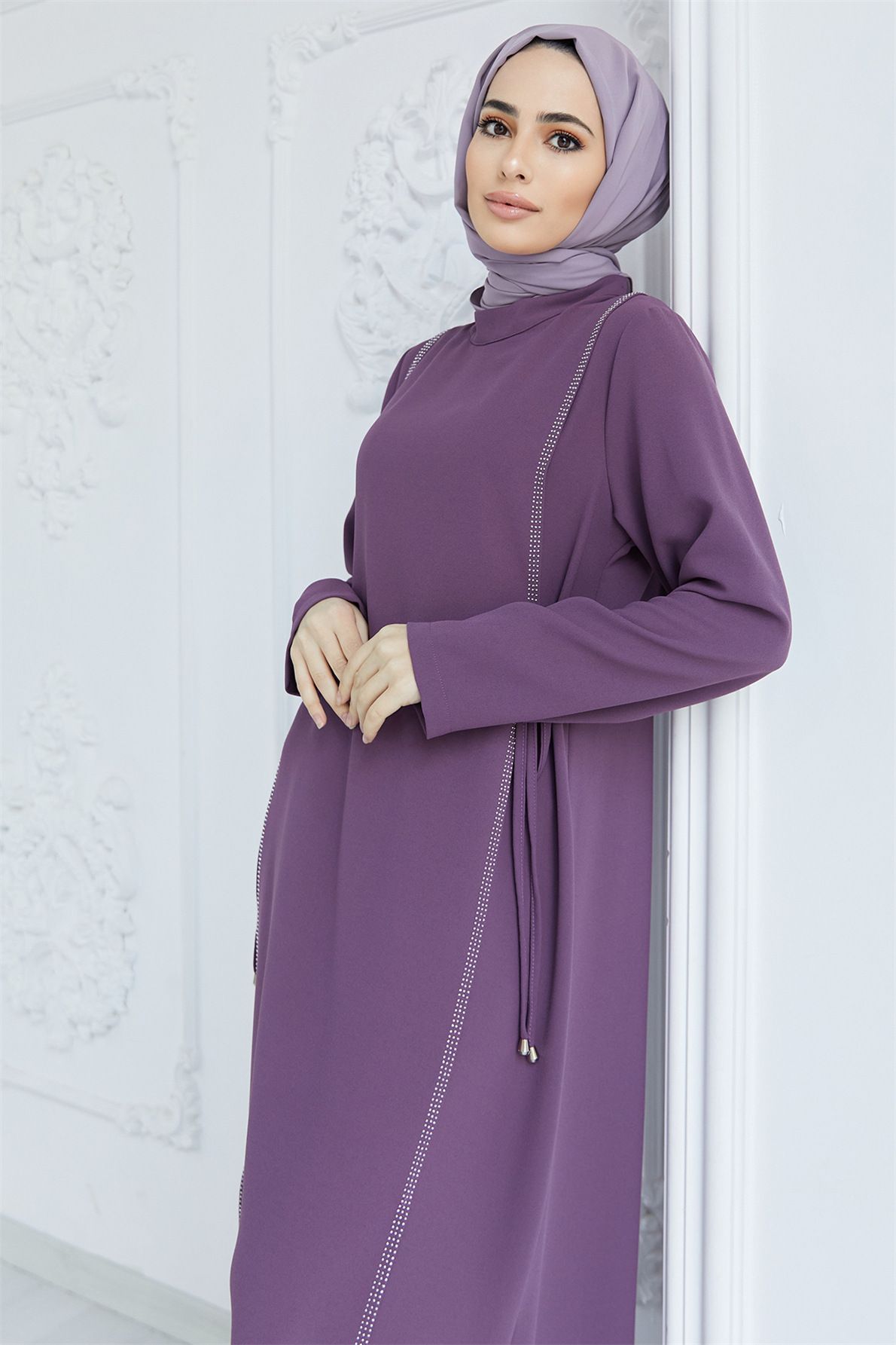 New Product Selection   Muslim Middle East Skirt Cross border Abaya Solid Color Muslim Robe Hot Diamond Splicing Waist Temperament Commuter Dress