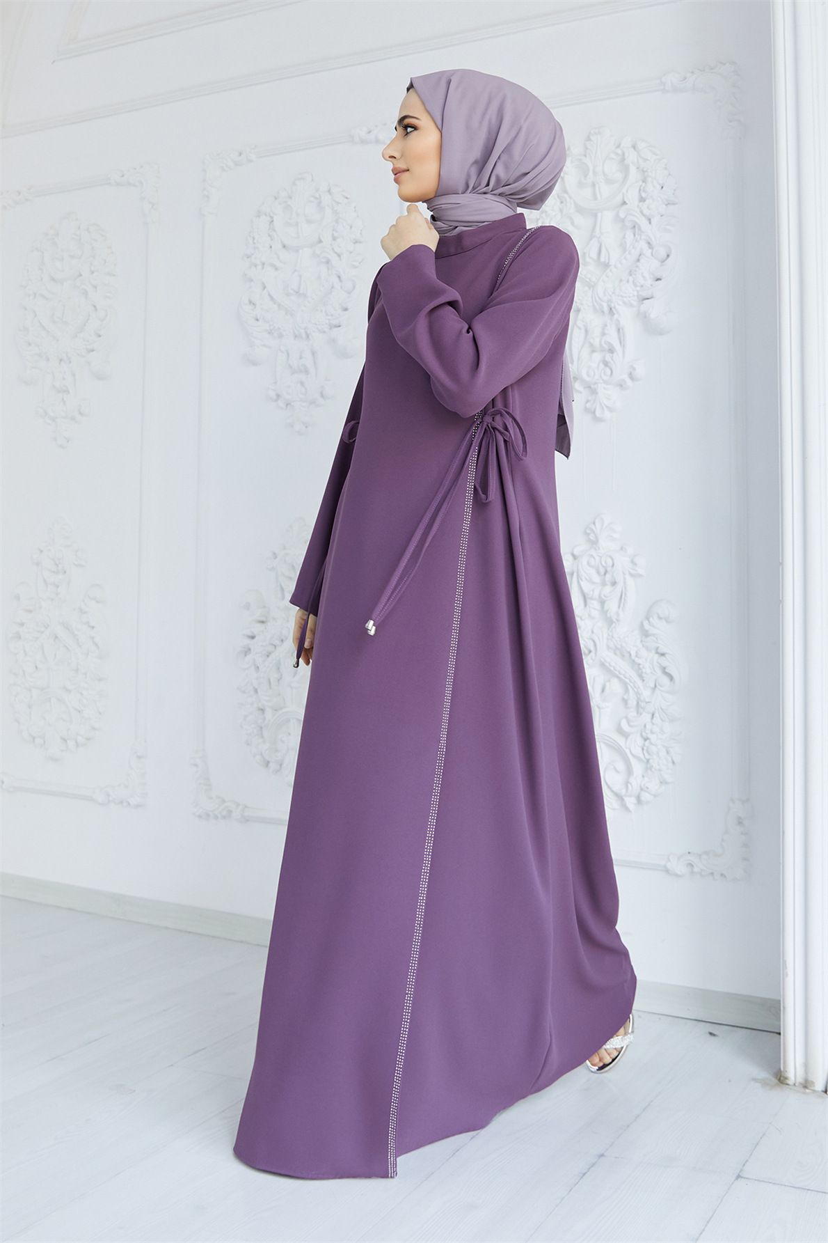New Product Selection   Muslim Middle East Skirt Cross border Abaya Solid Color Muslim Robe Hot Diamond Splicing Waist Temperament Commuter Dress