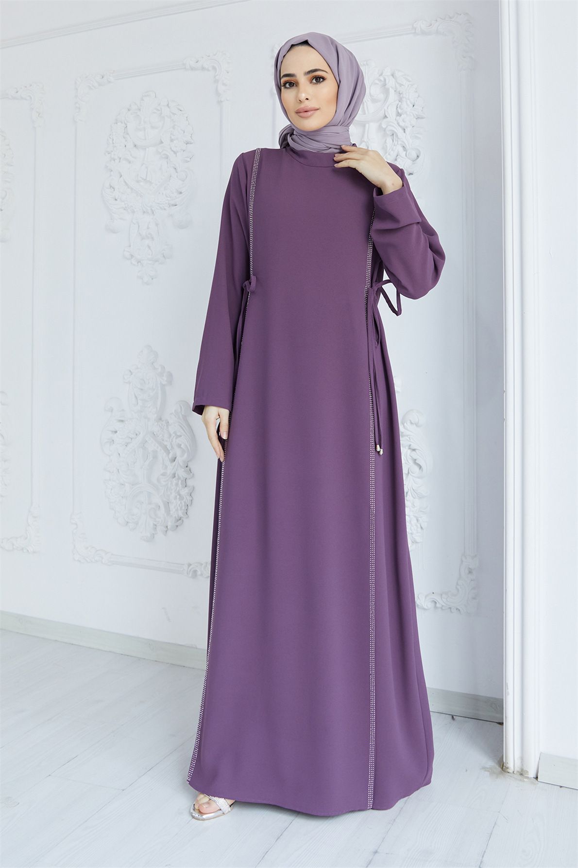 New Product Selection   Muslim Middle East Skirt Cross border Abaya Solid Color Muslim Robe Hot Diamond Splicing Waist Temperament Commuter Dress