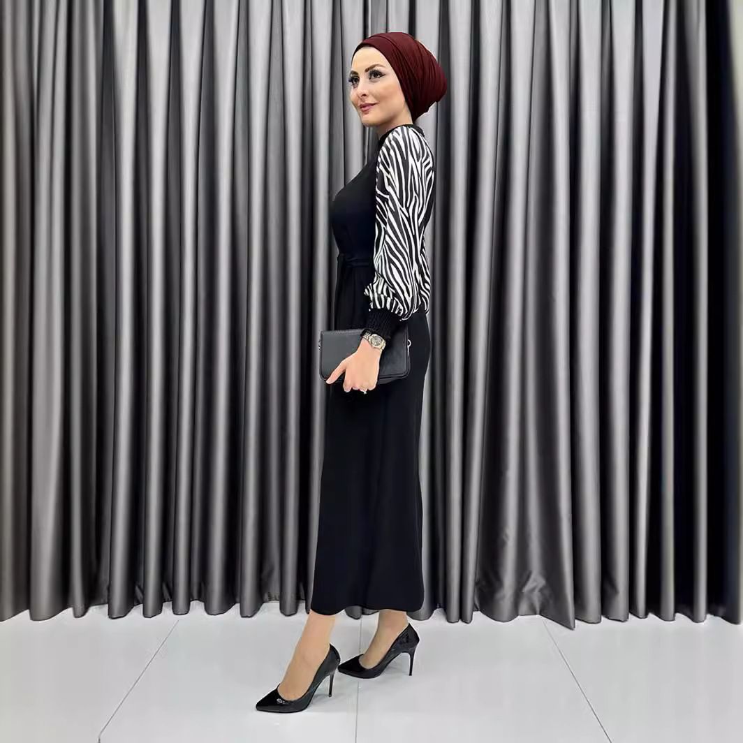 New product selection 2206 # Middle East Türkiye popular Muslim dress Zebra pattern lantern sleeve black stitching temperament elegant commuting dress