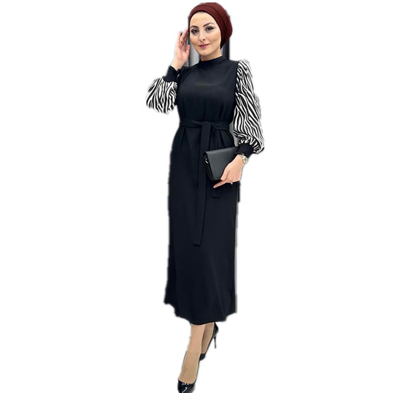 New product selection 2206 # Middle East Türkiye popular Muslim dress Zebra pattern lantern sleeve black stitching temperament elegant commuting dress