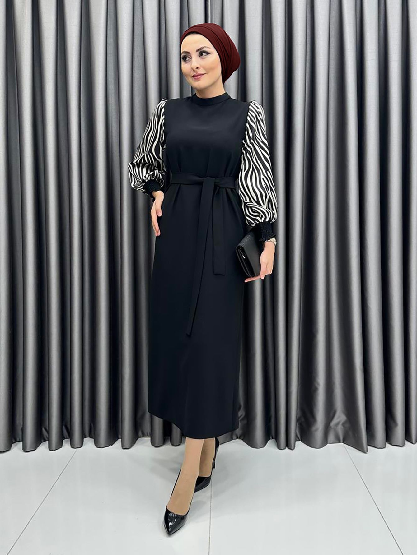 New product selection 2206 # Middle East Türkiye popular Muslim dress Zebra pattern lantern sleeve black stitching temperament elegant commuting dress