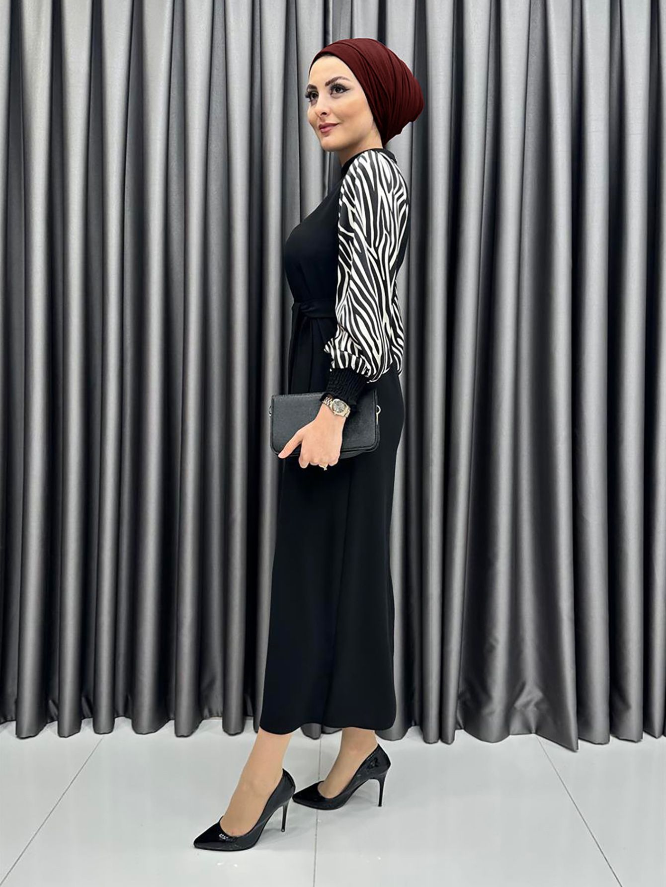 New product selection 2206 # Middle East Türkiye popular Muslim dress Zebra pattern lantern sleeve black stitching temperament elegant commuting dress