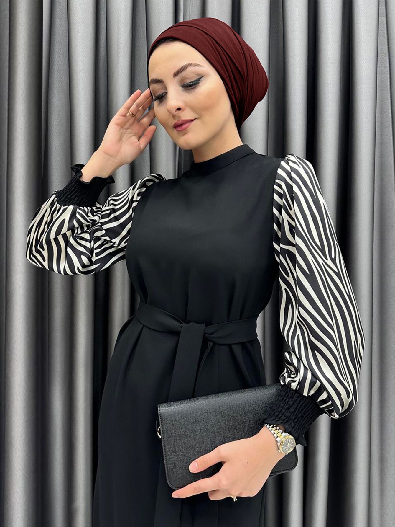 New product selection 2206 # Middle East Türkiye popular Muslim dress Zebra pattern lantern sleeve black stitching temperament elegant commuting dress