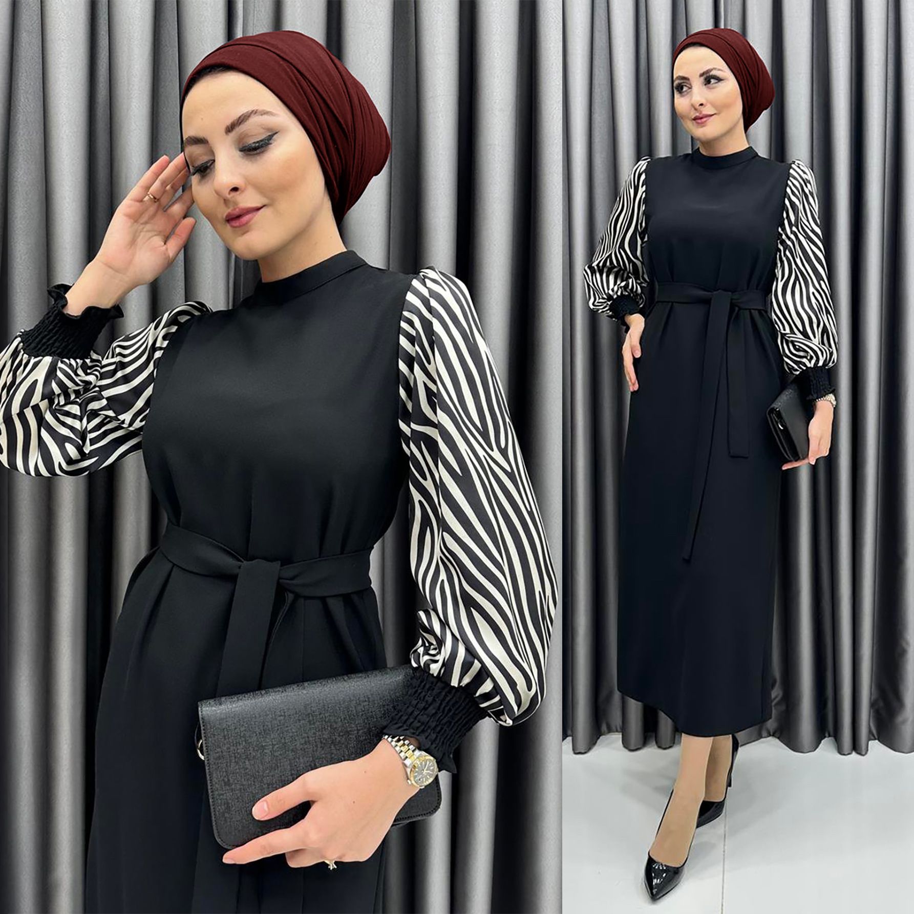 New product selection 2206 # Middle East Türkiye popular Muslim dress Zebra pattern lantern sleeve black stitching temperament elegant commuting dress