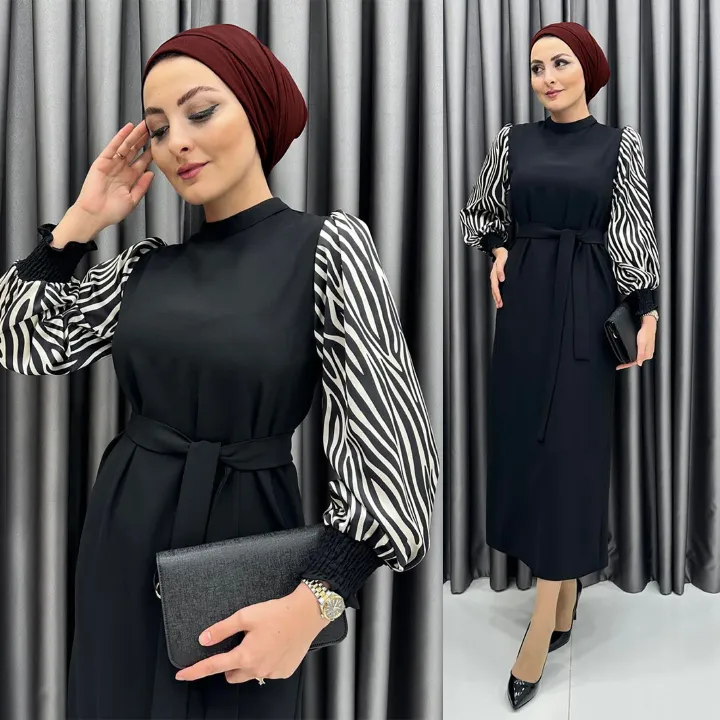 New product selection 2206 # Middle East Türkiye popular Muslim dress Zebra pattern lantern sleeve black stitching temperament elegant commuting dress