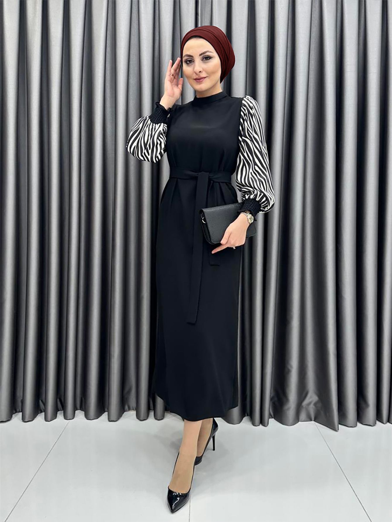 New product selection 2206 # Middle East Türkiye popular Muslim dress Zebra pattern lantern sleeve black stitching temperament elegant commuting dress