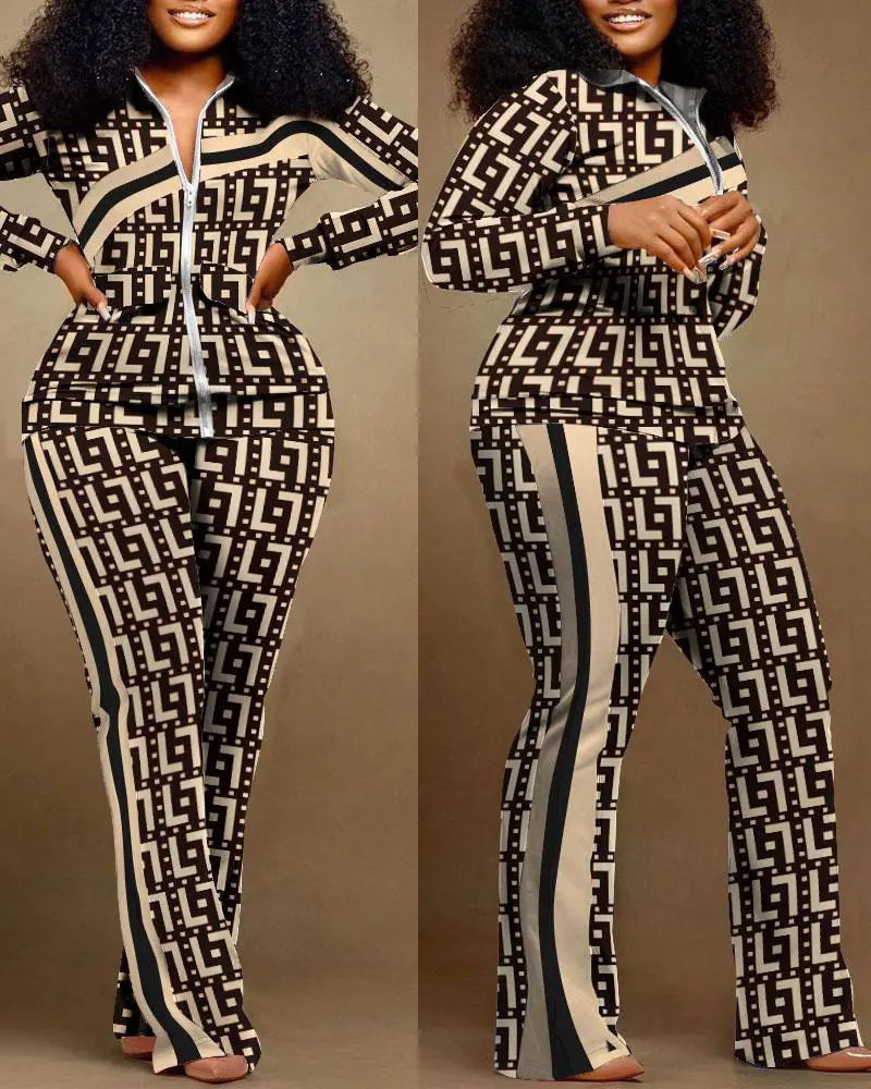 New product selection: popular S3006 cross-border autumn and winter printing trend, fashionable printing temperament, commuting women's clothing 2-piece set in stock