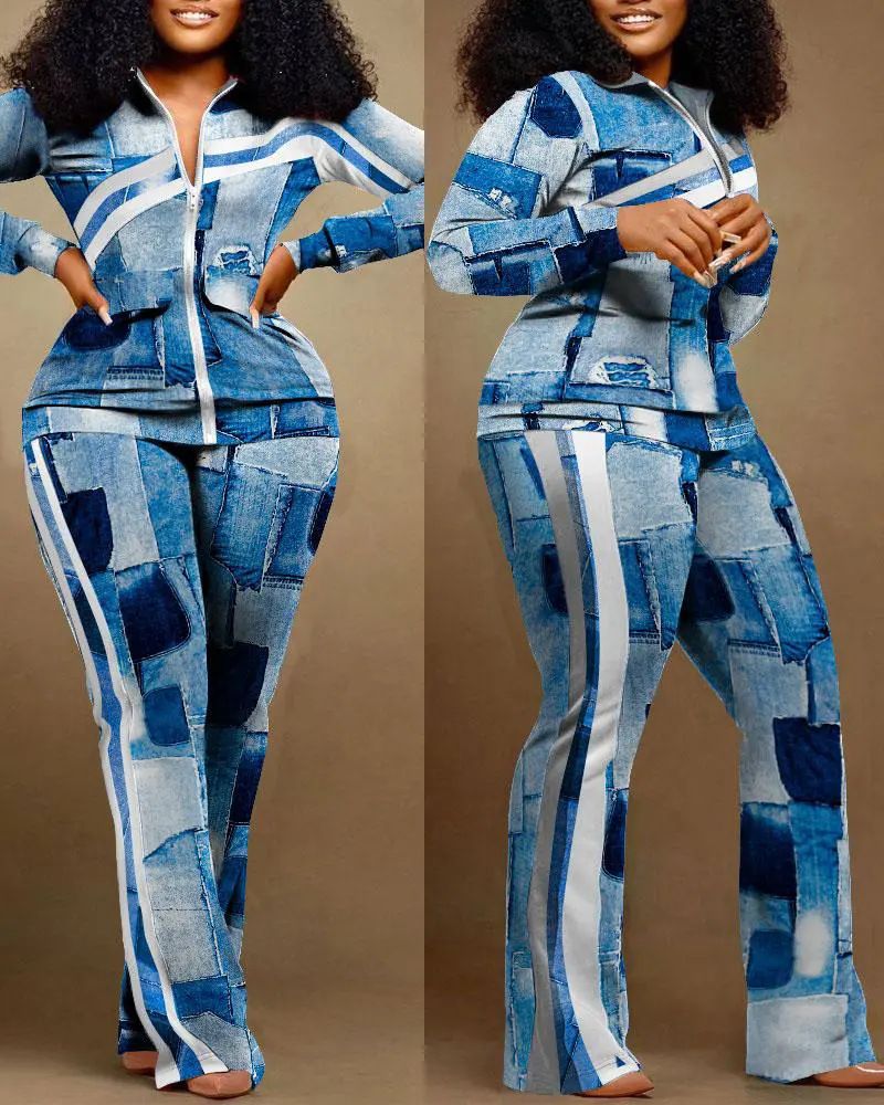 New product selection: popular S3006 cross-border autumn and winter printing trend, fashionable printing temperament, commuting women's clothing 2-piece set in stock