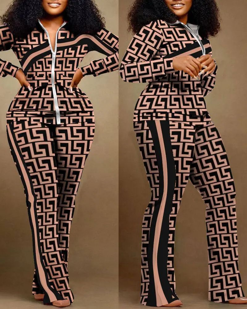New product selection: popular S3006 cross-border autumn and winter printing trend, fashionable printing temperament, commuting women's clothing 2-piece set in stock