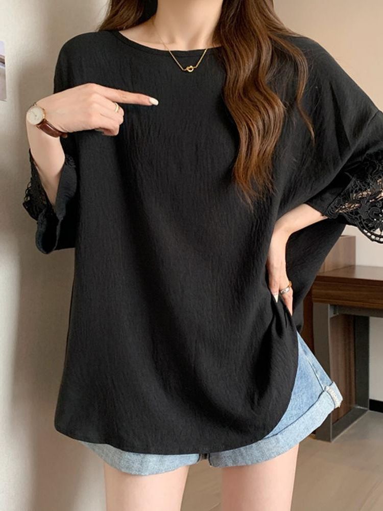 New product selection: Large lace patchwork short sleeved T-shirt weighing 300 pounds, summer fat MM chic loose and versatile mid to long length top, women's clothing