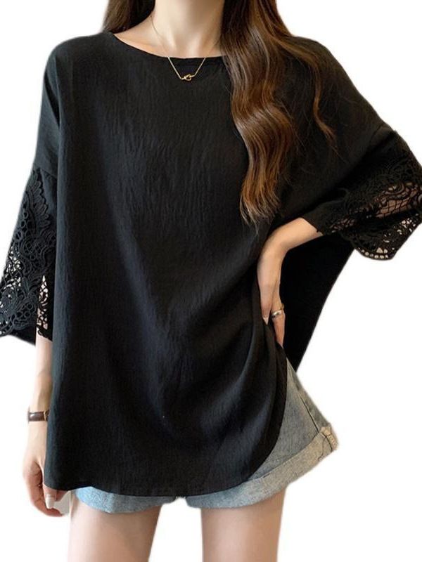 New product selection: Large lace patchwork short sleeved T-shirt weighing 300 pounds, summer fat MM chic loose and versatile mid to long length top, women's clothing