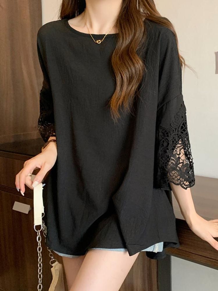 New product selection: Large lace patchwork short sleeved T-shirt weighing 300 pounds, summer fat MM chic loose and versatile mid to long length top, women's clothing