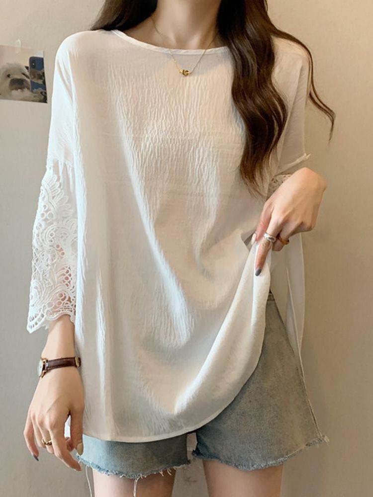 New product selection: Large lace patchwork short sleeved T-shirt weighing 300 pounds, summer fat MM chic loose and versatile mid to long length top, women's clothing