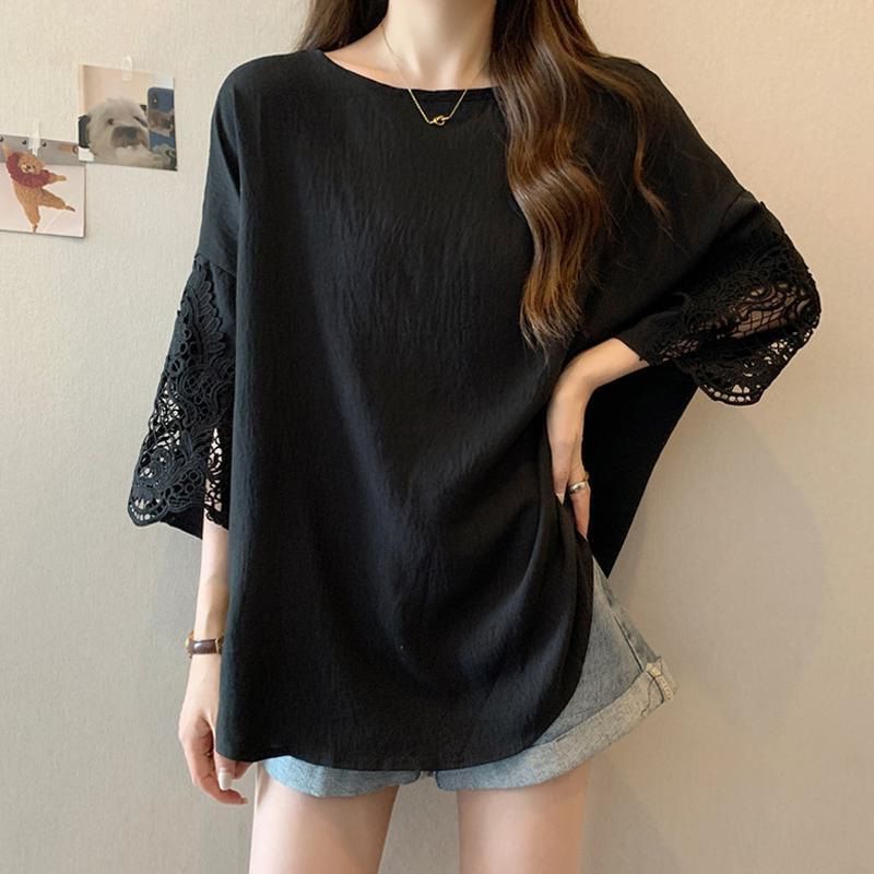 New product selection: Large lace patchwork short sleeved T-shirt weighing 300 pounds, summer fat MM chic loose and versatile mid to long length top, women's clothing