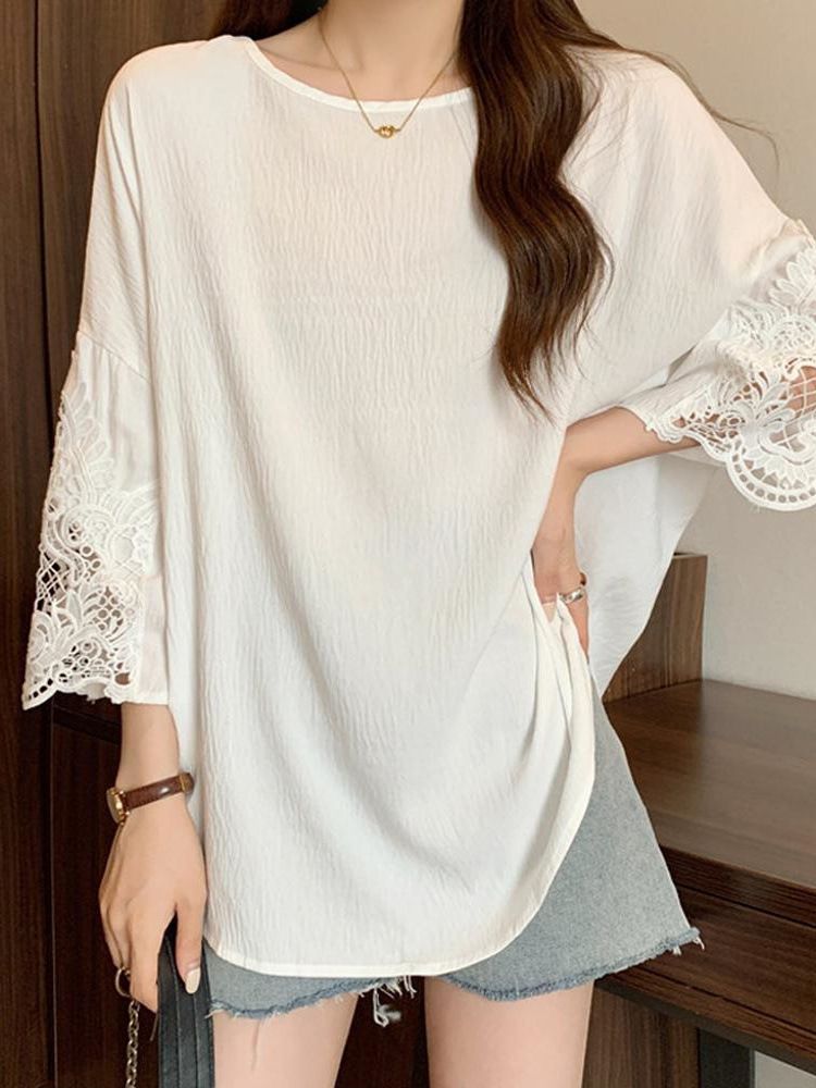 New product selection: Large lace patchwork short sleeved T-shirt weighing 300 pounds, summer fat MM chic loose and versatile mid to long length top, women's clothing