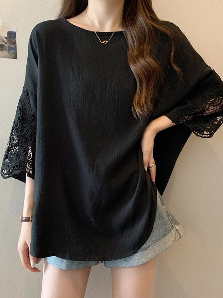 New product selection: Large lace patchwork short sleeved T-shirt weighing 300 pounds, summer fat MM chic loose and versatile mid to long length top, women's clothing