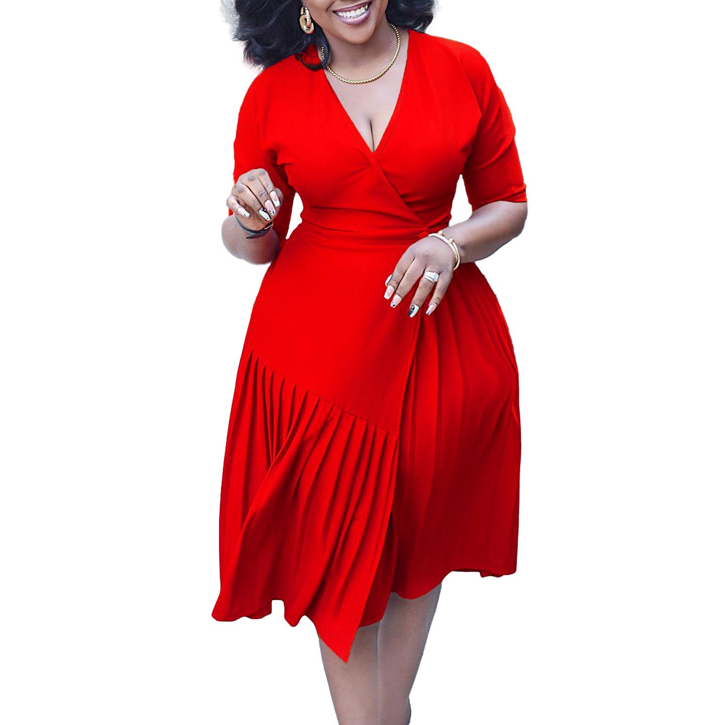 New Product Selection D391 Foreign Trade Women's Summer V-neck Waist Collection Fashionable Temperament Elegant Commuting Hundred Fold Medium Length Skirt African Dress