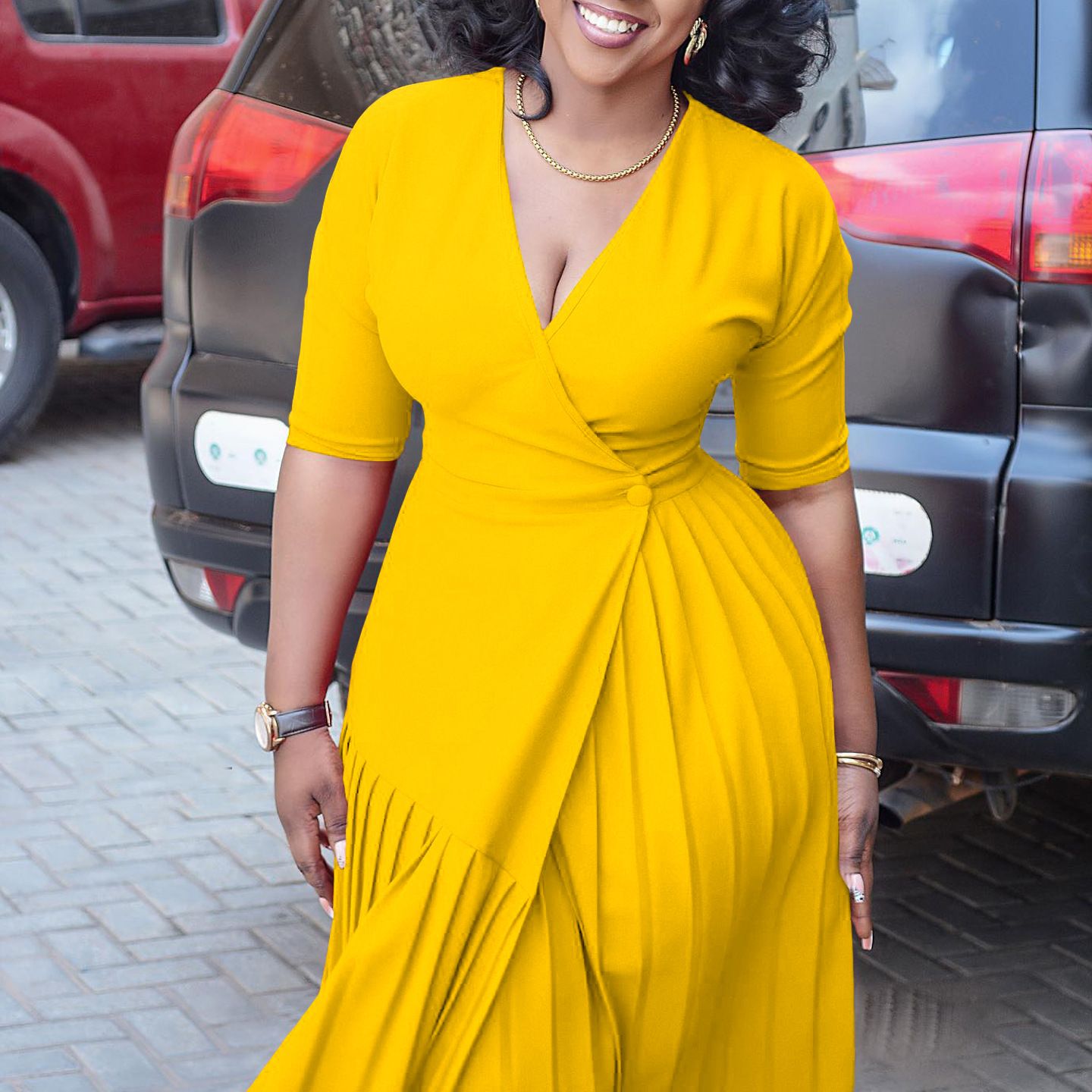 New Product Selection D391 Foreign Trade Women's Summer V-neck Waist Collection Fashionable Temperament Elegant Commuting Hundred Fold Medium Length Skirt African Dress