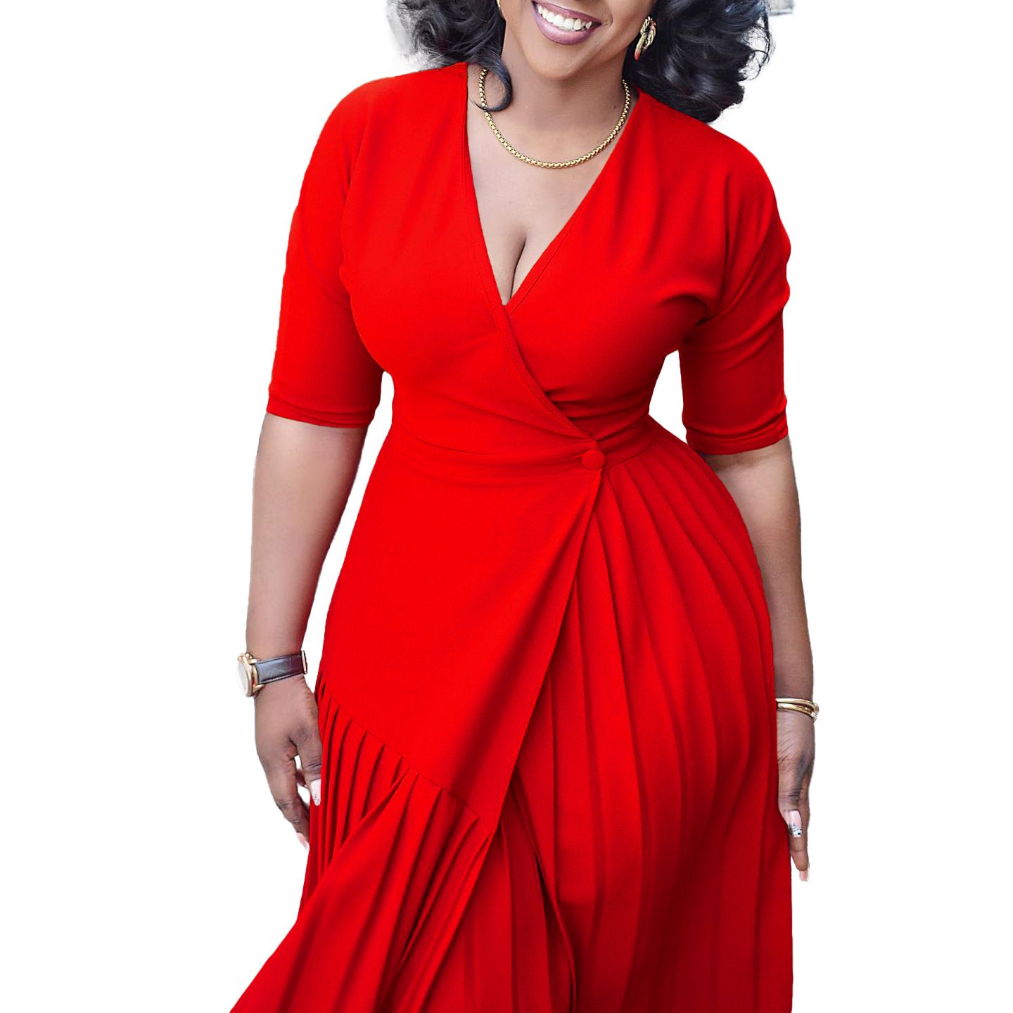 New Product Selection D391 Foreign Trade Women's Summer V-neck Waist Collection Fashionable Temperament Elegant Commuting Hundred Fold Medium Length Skirt African Dress