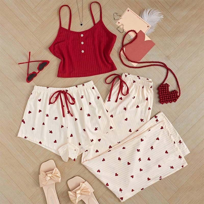 New Product Selection: Peach Heart Pajamas for Women in Spring and Summer, Sweet and Cute Three Piece Set, High Grade Cotton Strap Shorts, Pants, Sexy Home Clothes