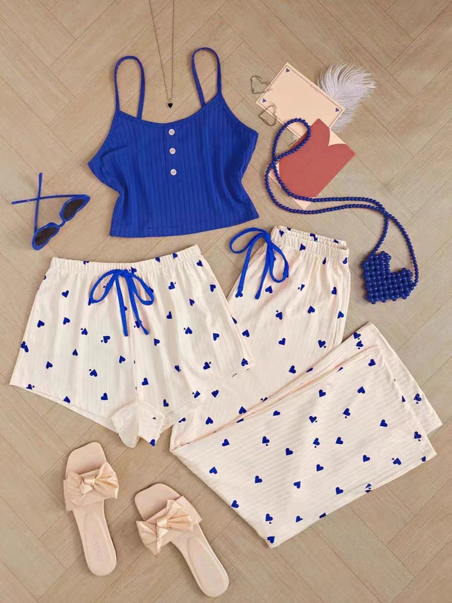 New Product Selection: Peach Heart Pajamas for Women in Spring and Summer, Sweet and Cute Three Piece Set, High Grade Cotton Strap Shorts, Pants, Sexy Home Clothes