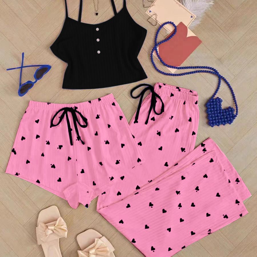 New Product Selection: Peach Heart Pajamas for Women in Spring and Summer, Sweet and Cute Three Piece Set, High Grade Cotton Strap Shorts, Pants, Sexy Home Clothes