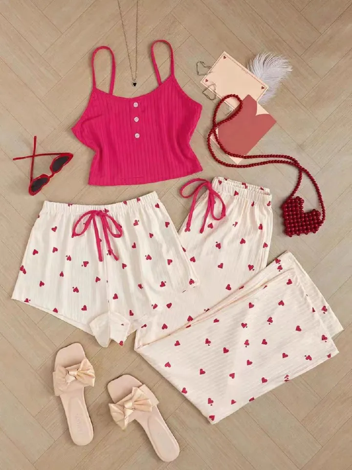 New Product Selection: Peach Heart Pajamas for Women in Spring and Summer, Sweet and Cute Three Piece Set, High Grade Cotton Strap Shorts, Pants, Sexy Home Clothes