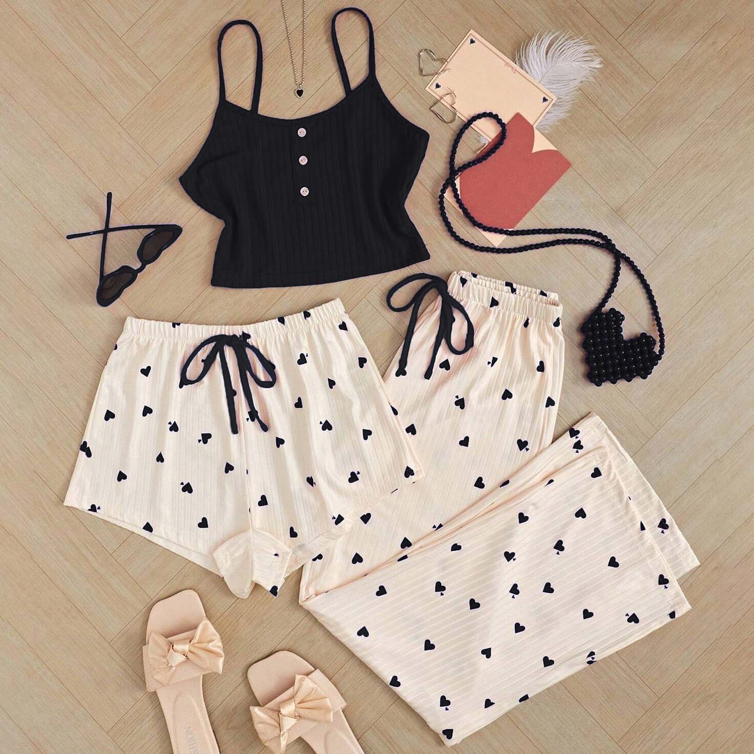 New Product Selection: Peach Heart Pajamas for Women in Spring and Summer, Sweet and Cute Three Piece Set, High Grade Cotton Strap Shorts, Pants, Sexy Home Clothes