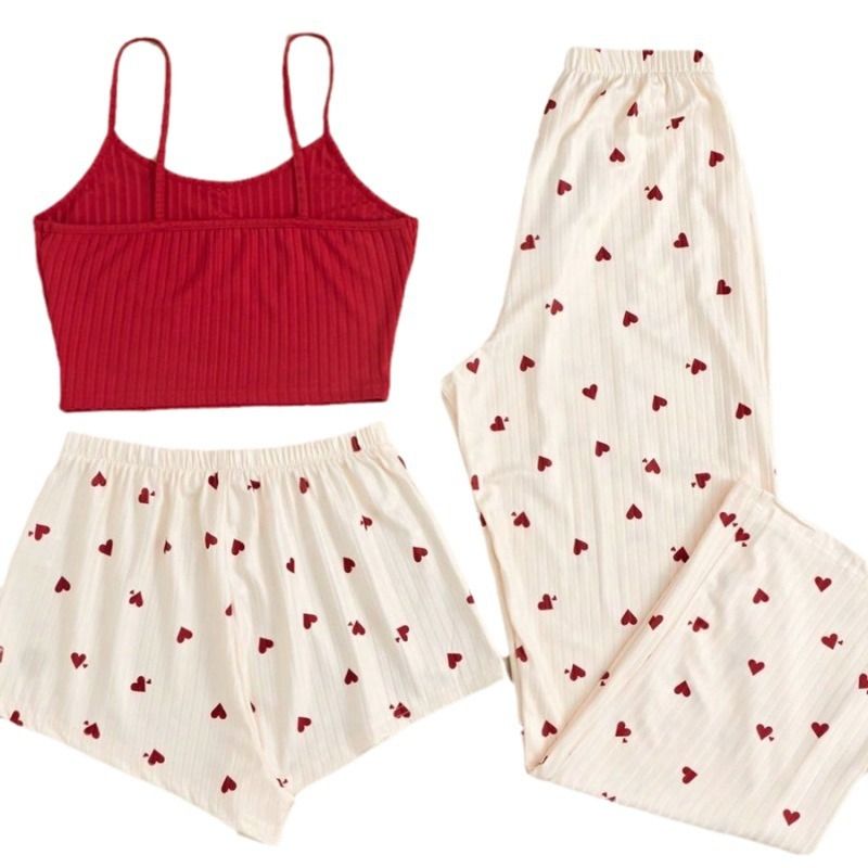 New Product Selection: Peach Heart Pajamas for Women in Spring and Summer, Sweet and Cute Three Piece Set, High Grade Cotton Strap Shorts, Pants, Sexy Home Clothes