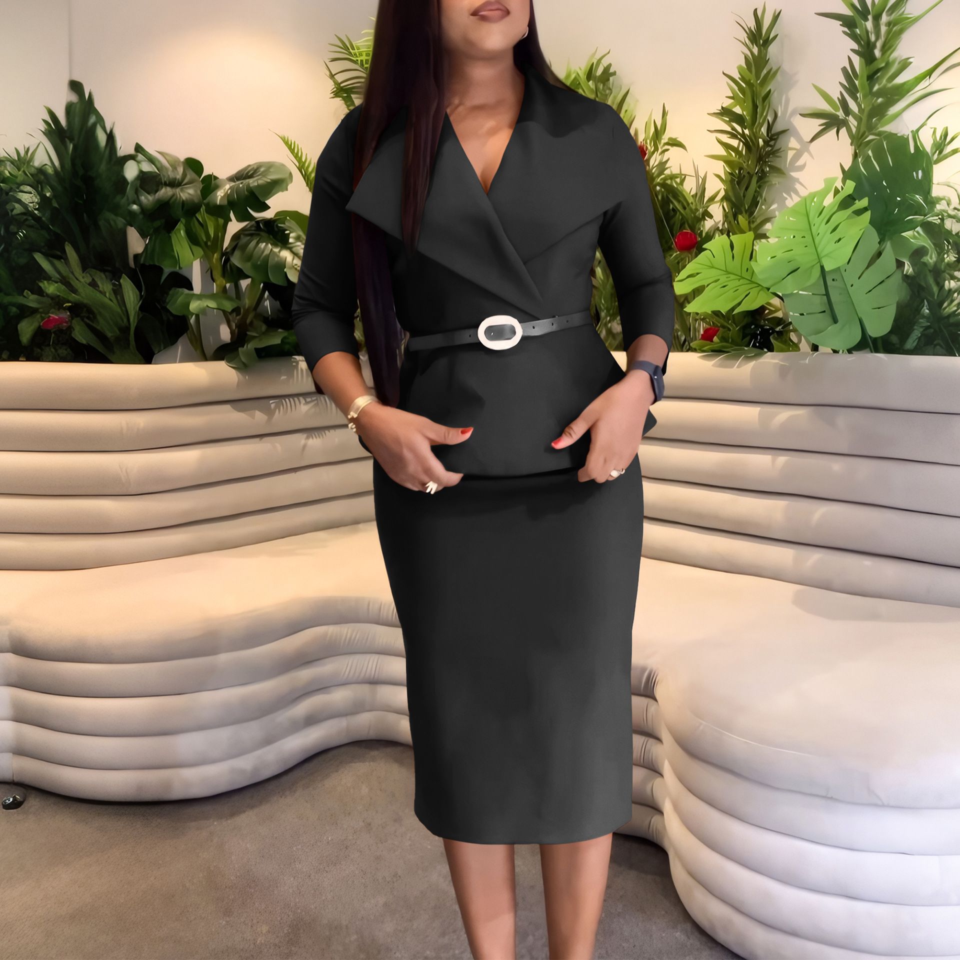 New Product Selection D542 Foreign Trade Africa Fashion Big Collar Collar Waist OL Tongle Elegance Hip hugging Pencil Skirt Cross border Dress Professional Dress