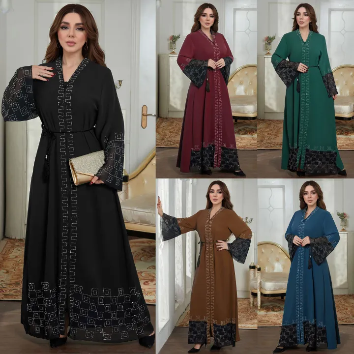New Product Selection M290 # Middle East Dubai Long Skirt Cross border Foreign Trade Muslim Women's Clothing Abaya Robe Hot Diamond Horn Sleeve Dress