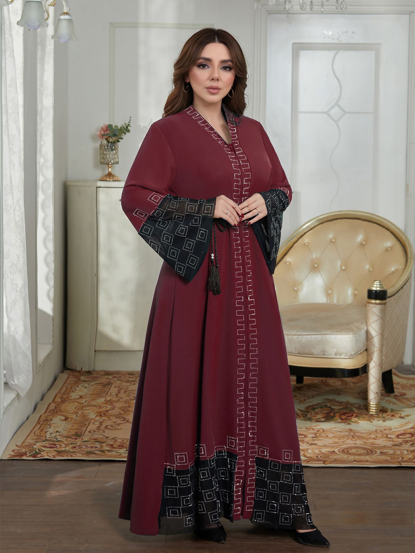New Product Selection M290 # Middle East Dubai Long Skirt Cross border Foreign Trade Muslim Women's Clothing Abaya Robe Hot Diamond Horn Sleeve Dress