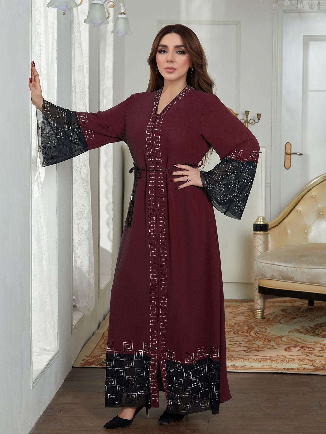 New Product Selection M290 # Middle East Dubai Long Skirt Cross border Foreign Trade Muslim Women's Clothing Abaya Robe Hot Diamond Horn Sleeve Dress