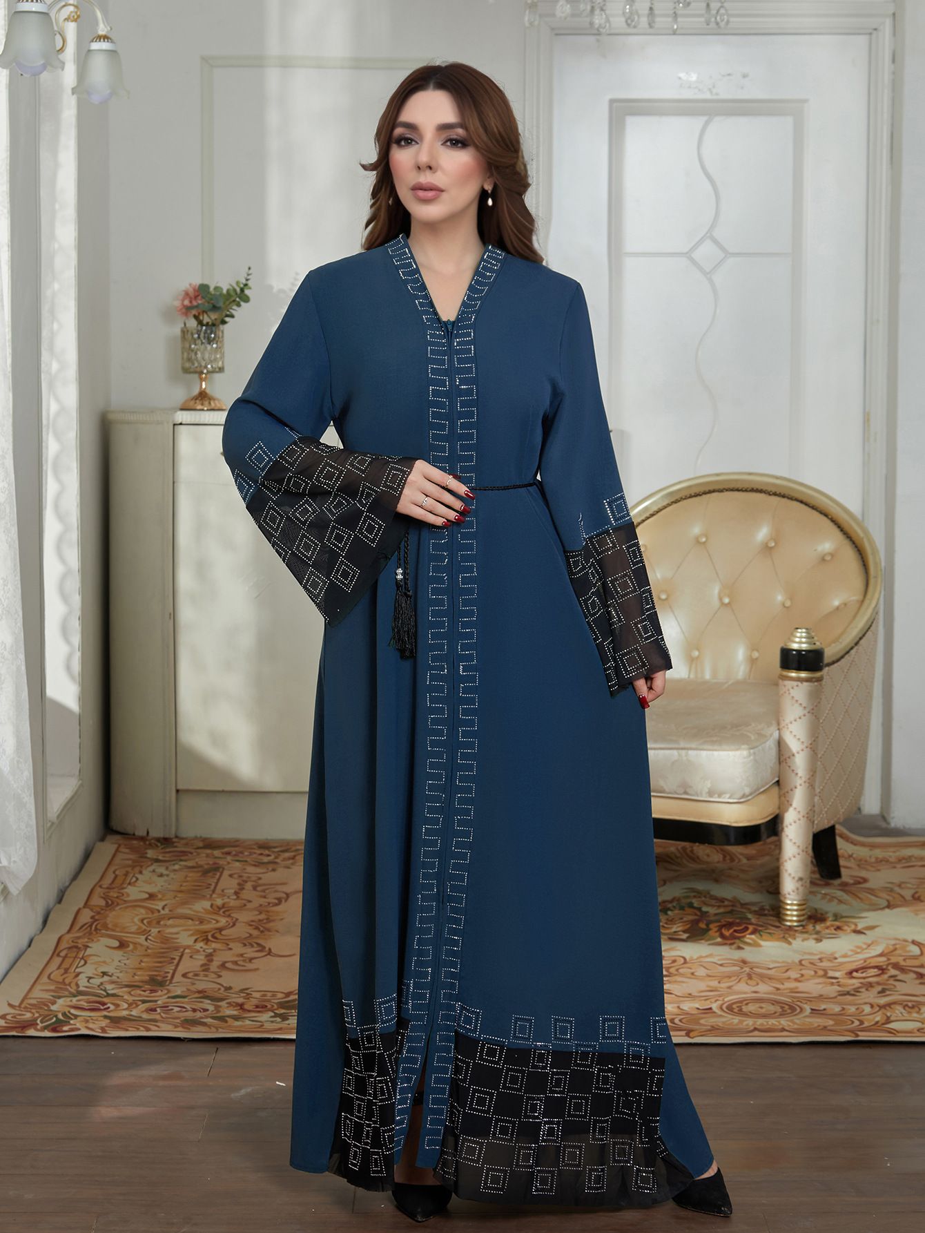 New Product Selection M290 # Middle East Dubai Long Skirt Cross border Foreign Trade Muslim Women's Clothing Abaya Robe Hot Diamond Horn Sleeve Dress