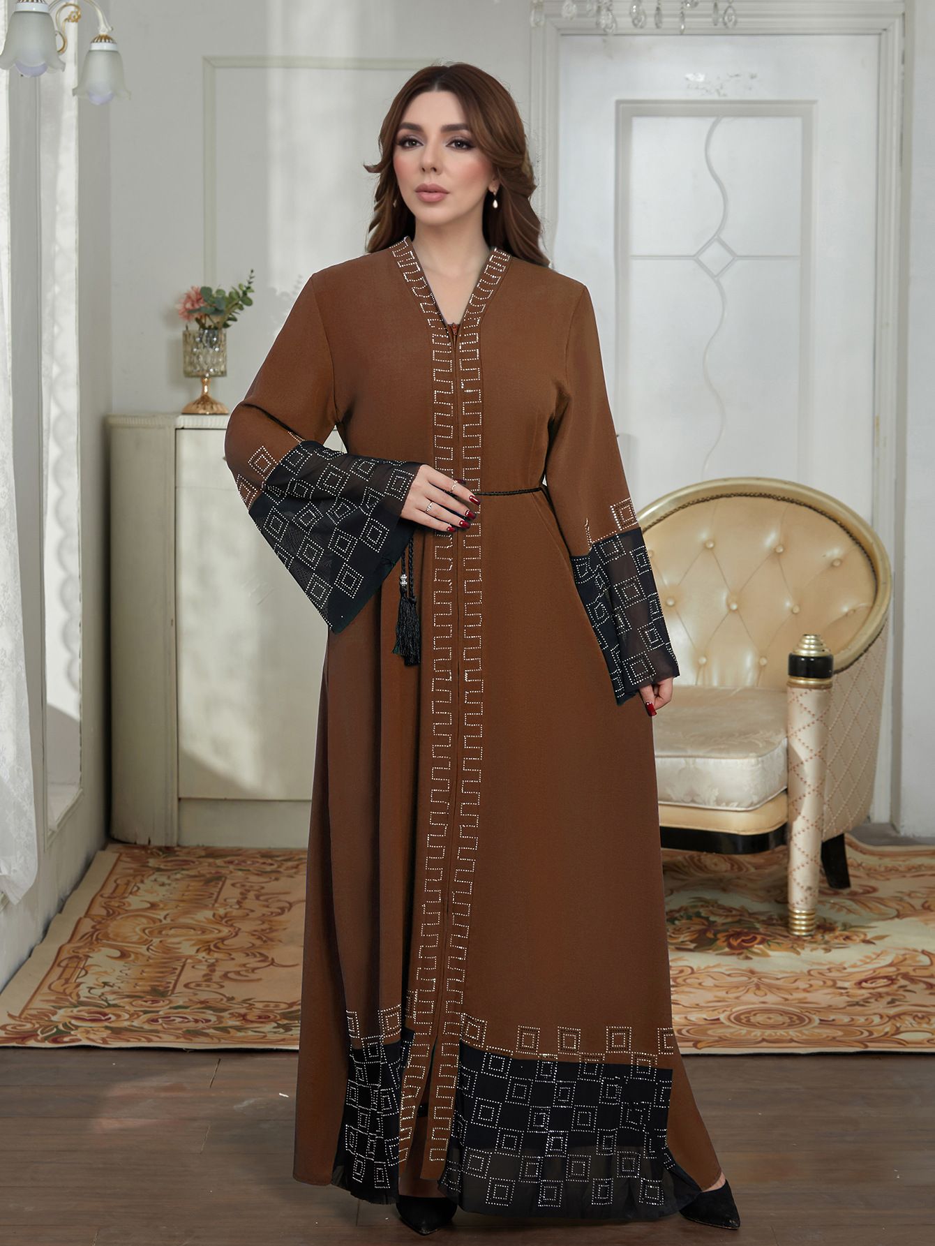 New Product Selection M290 # Middle East Dubai Long Skirt Cross border Foreign Trade Muslim Women's Clothing Abaya Robe Hot Diamond Horn Sleeve Dress