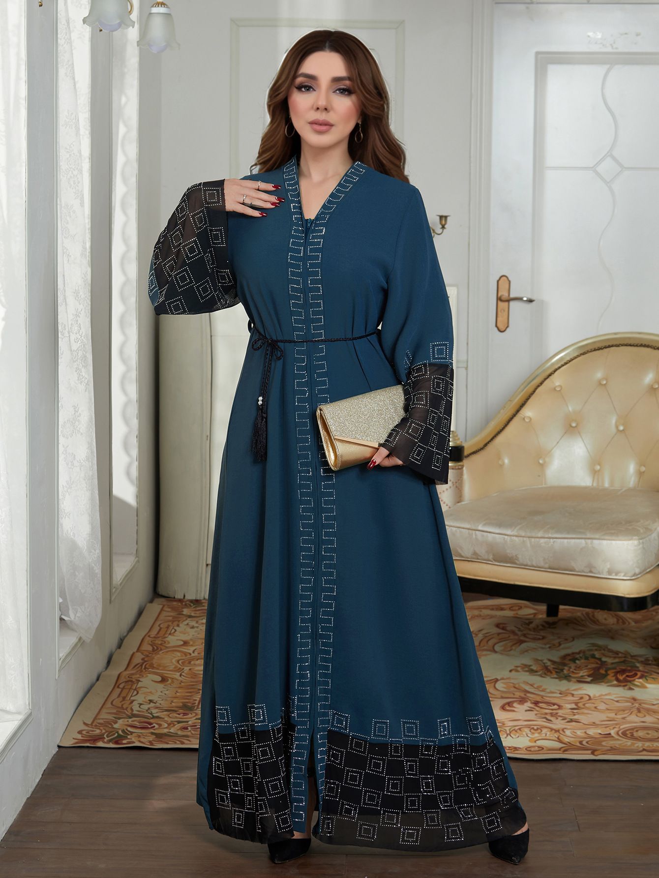 New Product Selection M290 # Middle East Dubai Long Skirt Cross border Foreign Trade Muslim Women's Clothing Abaya Robe Hot Diamond Horn Sleeve Dress