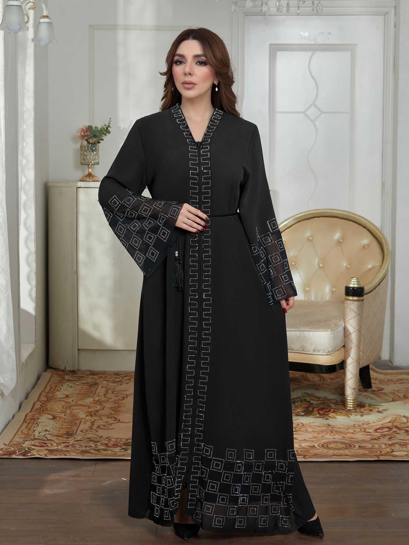 New Product Selection M290 # Middle East Dubai Long Skirt Cross border Foreign Trade Muslim Women's Clothing Abaya Robe Hot Diamond Horn Sleeve Dress