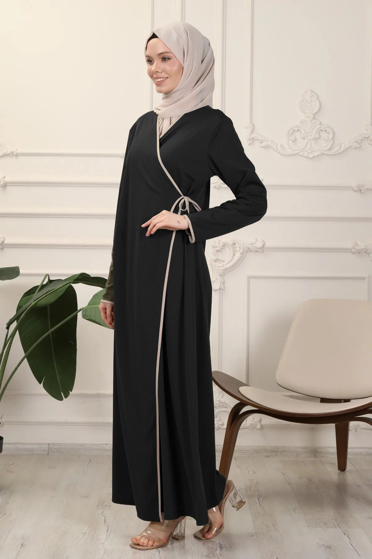 New Product Selection M292 # Cross border Muslim Middle Eastern Women's Wear Color Contrasting Strap Robe Casual Long Sleeve Arabic Robe Dress